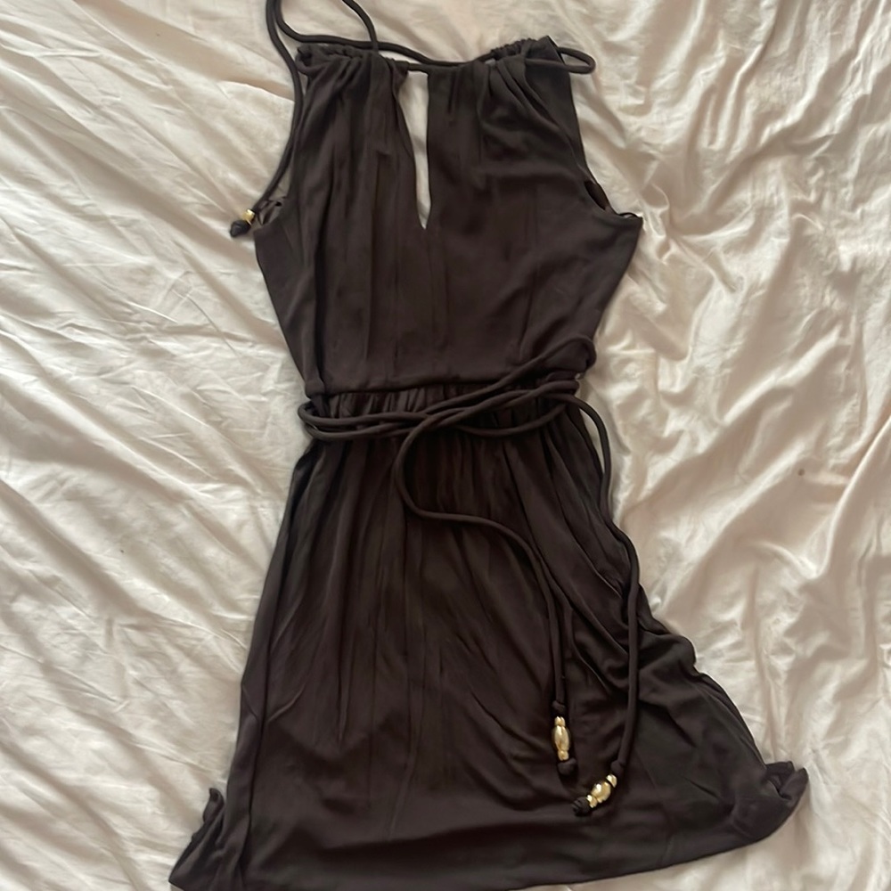 Milly New York brown dress with gold beading accents and belt